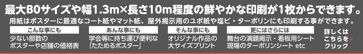 最大B0サイズや幅1.3ｍ×長さ10ｍ程度の鮮やかな印刷が1枚からできます。用紙はポスターに最適なコート紙やマット紙、屋外掲示用のユポ紙や塩ビ・ターポリンにも印刷する事ができます。少ない部数のポスターや店舗の価格表。学会等に持ち運び便利な「たためるポスター」。オリジナル作品の大サイズプリント。舞台の演題掲示・看板用シート現場のターポリンシート など